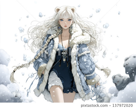 A polar bear fairy standing in a snowfield | A fantasy illustration of walking through a winter fantasy world A polar bear fairy standing in a snowfield | A fantasy illustration of walking through a winter fantasy world 137972020