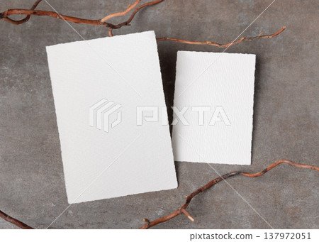 Blank card mockup on grey stone with dry branches, copy space. Minimal rustic stationery template 137972051