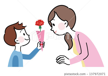 一幅插圖,描繪的是一個男孩在母親節送給母親康乃馨。 一幅插圖,描繪的是一個男孩在母親節送給母親康乃馨。 137972071