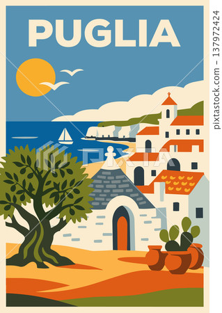 Puglia Italy Travel Poster with Trulli, Olive Trees and Mediterranean Coast 137972424
