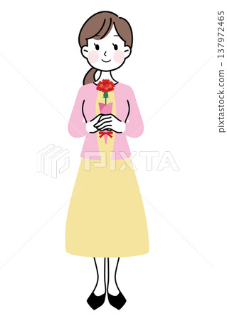 An illustration of a young mother receiving carnations on Mother's Day. An illustration of a young mother receiving carnations on Mother's Day. 137972465