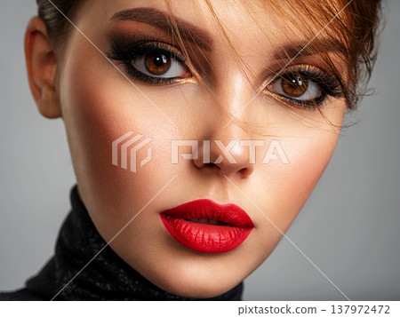 Beautiful girl with red lips and short hair. Pretty face of an young sensual woman. Closeup portrait of a model with bright makeup on a face. Attractive female posing at studio  in black closes. 137972472