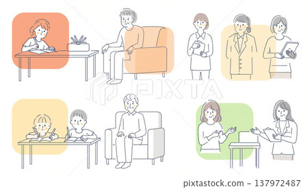 一幅線條畫插圖，描繪了透過教育和福祉實現社會融合，以及不同世代之間的互動。 137972487