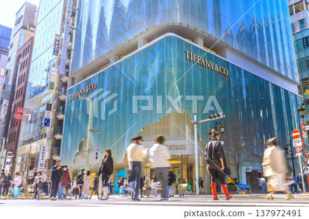 Tokyo cityscape, March 21. View of Miyuki Street and Tiffany & Co. Ginza in Ginza = Ginza pedestrian zone 137972491