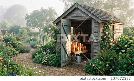 Idyllic rural scene, tranquil atmosphere, traditional gardening tools, colorful blossoms, peaceful spring day. 137972552
