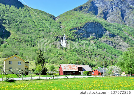 A view of Fromm: Breckefossen visible through the fresh green foliage. A view of Fromm: Breckefossen visible through the fresh green foliage. 137972836
