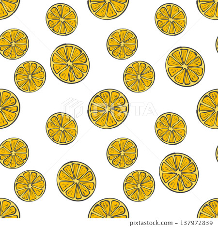 Seamless pattern with yellow round citrus slices in original hand drawn illustration 137972839