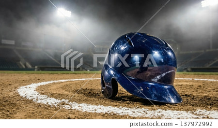 Close-up of baseball helmet on home plate. Empty stadium seats in background. Night game atmosphere. 137972992