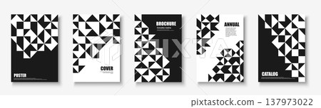 Collection of black and white posters with mosaic geometric shapes. Vector modern placards, brochures, banners, backgrounds, cards. Unusual monochrome business covers. Decorative textured print 137973022