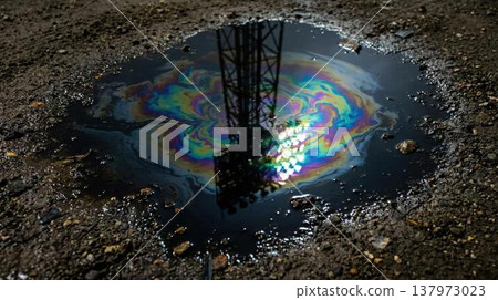 Iridescent petroleum sheen spreads on dirty water, showing abstract pattern and artificial light reflections. 137973023