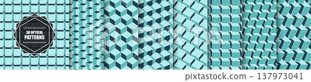 Collection of seamless geometric 3d abstract patterns. Blue color isometric repeatable vector backgrounds. Decorative blocks and cubes endless textures. Art modern design 137973041