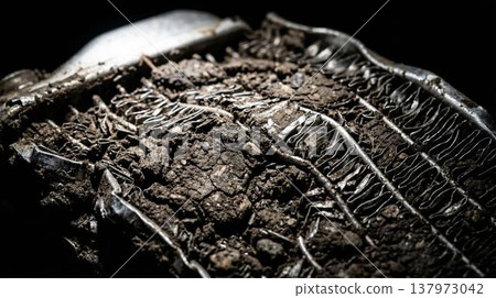 Gritty close-up of mud-filled cooling fins on extreme sport motorcycle radiator. Worn metallic texture. Gritty close-up of mud-filled cooling fins on extreme sport motorcycle radiator. Worn metallic texture. 137973042