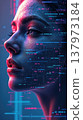 A close-up of a young woman with dark hair and fair skin. Her profile is illuminated with colorful digital data patterns, representing technology and innovation. 137973184
