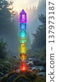 A stack of colorful crystals in a misty forest. The crystals are arranged in a vertical line, showcasing various shapes and vibrant colors. 137973187