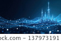 A futuristic cityscape with glowing blue lights and digital waves. The scene conveys advanced technology and innovation in a virtual environment. 137973191