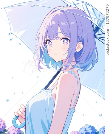 A girl gazing at hydrangeas and rain. A girl gazing at hydrangeas and rain. 137973279