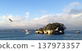 島嶼漂浮在海上，海鷗在空中飛翔－適合製作橫幅廣告。 137973357