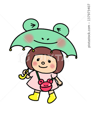 June: Stylish rainy-day outfits featuring frogs – umbrella, rain boots, and bag. 137973407