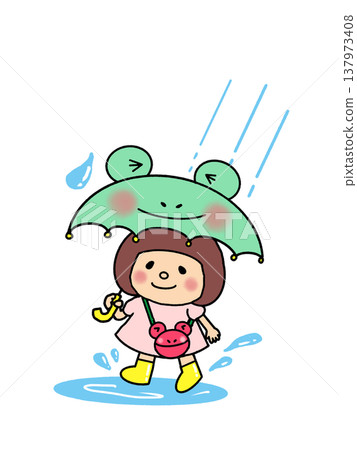 My outfit for a rainy day: A frog, me, and a puddle. I'm in a good mood with my cute umbrella and rain boots. 137973408