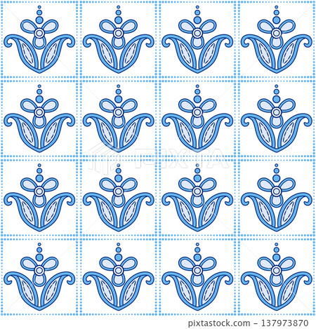 Cozy decor of blue leaves and flowers. Floral seamless pattern. Romantic vintage ornament on white background. Square mosaic tile 137973870