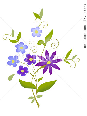Bouquet of flowers in folk style. Delicate blue purple flowers and green leaves. Graceful spring bouquet vector illustration. Plant composition. Holiday greeting card design of flowers. Bouquet of flowers in folk style. Delicate blue purple flowers and green leaves. Graceful spring bouquet vector illustration. Plant composition. Holiday greeting card design of flowers. 137973875