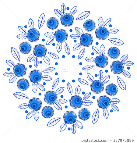 Round floral element of blue flowers and leaves Round floral element of blue flowers and leaves 137973899