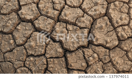 The cracked earth vividly displays the harsh effects of drought and climate change on arid landscape, creating a barren and desolate texture. The cracked earth vividly displays the harsh effects of drought and climate change on arid landscape, creating a barren and desolate texture. 137974011