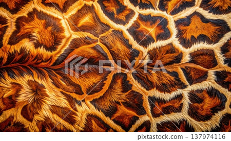 The vibrant giraffe pattern exhibits rich shades of orange and brown creating an exotic texture suitable for backgrounds or designs. 137974116