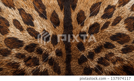 Close-up showcases the beautiful brown and black spots on animal fur, creating a stunning natural pattern and texture across the frame. 137974117