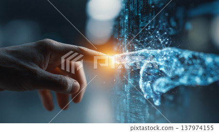 Man Touching Glowing AI Holographic Hand Future Technology Concept 137974155