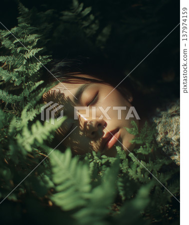 Peaceful Asian Woman Resting Among Lush Green Fern Leaves in Forest 137974159