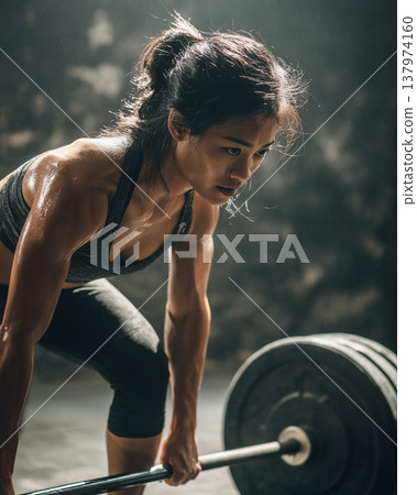 Strong Asian Woman Lifting Barbell in Gym Powerful Fitness Action 137974160