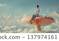 Surreal Businesswoman Sitting on Giant Pink Mushroom Above Cloud Cityscape 137974161