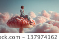 Dreamlike Professional Woman on Fantasy Mushroom Above Cloud City Skyline 137974162
