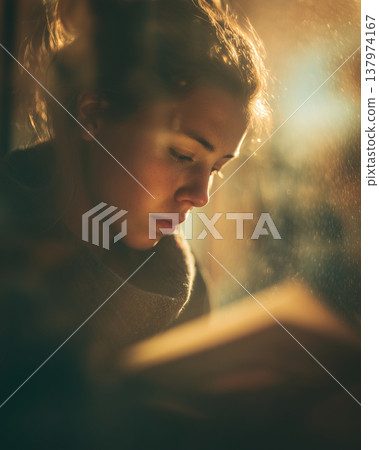 Young Woman Reading Paperback Book by Window in Warm Golden Hour Light 137974167