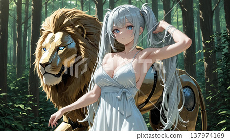 A beautiful scene: a silver-haired girl and a golden mechanical lion standing quietly in the depths of the forest. A beautiful scene: a silver-haired girl and a golden mechanical lion standing quietly in the depths of the forest. 137974169