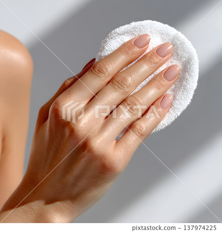 Female hand cotton pad skincare clean skin natural manicure soft light minimal style beauty routine self care wellness concept Female hand holding cotton pad for gentle skincare, clean skin 137974225
