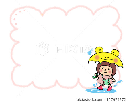 A cute girl with a bob haircut is in a good mood even during the rainy season, carrying a yellow frog umbrella. 137974272
