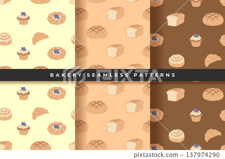 Bakery seamless patterns collection with bread and pastry 3 designs set vector illustration. 137974290