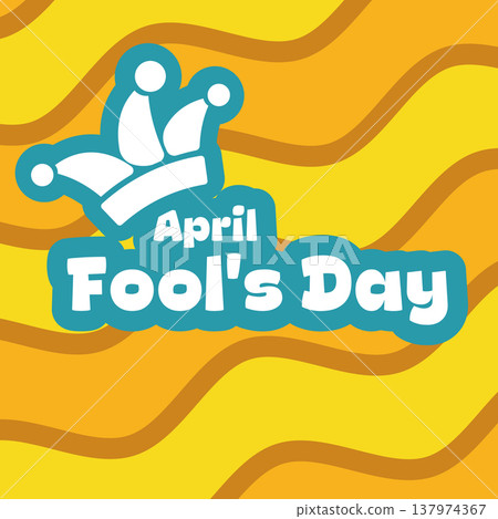 National 1 April Fools Day square banner. Fools day Playful teal script lettering with jester hat icon on yellow wavy pattern background. Creative holiday greeting card. Vector illustration National 1 April Fools Day square banner. Fools day Playful teal script lettering with jester hat icon on yellow wavy pattern background. Creative holiday greeting card. Vector illustration 137974367