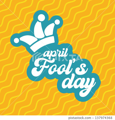 National 1 April Fools Day square banner. Fools day Playful teal script lettering with jester hat icon on yellow wavy pattern background. Creative holiday greeting card. Vector illustration National 1 April Fools Day square banner. Fools day Playful teal script lettering with jester hat icon on yellow wavy pattern background. Creative holiday greeting card. Vector illustration 137974368