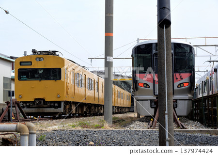115系和227系列車停放在列車車輛段。 115系和227系列車停放在列車車輛段。 137974424