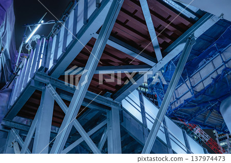 Shibuya at night: Construction site and temporary walkway in front of the station. Shibuya at night: Construction site and temporary walkway in front of the station. 137974473