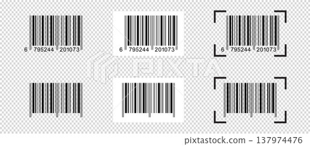 Set of barcode stickers with scanner frames. Bar code labels isolated on transparent background. Tags with visual data digital representation with product information. Vector graphic illustration 137974476