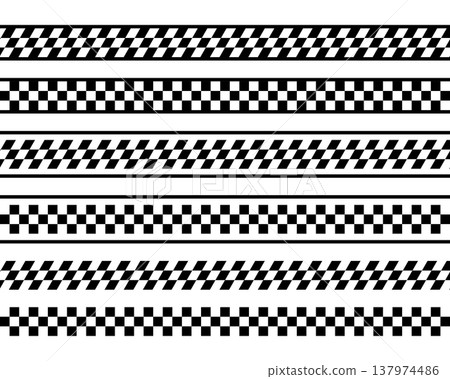 Collection of borders or dividers with geometric checkered texture. Tapes with rally flag, chess board, taxi or police print. Repeated black and white squares patterns. Vector graphic illustration Collection of borders or dividers with geometric checkered texture. Tapes with rally flag, chess board, taxi or police print. Repeated black and white squares patterns. Vector graphic illustration 137974486