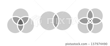 Set of gray colored Venn diagrams with 2, 3 and 4 intersected circles isolated on white background. Templates for statistics chart, presentation or analytics schema. Vecor graphic illustration 137974490