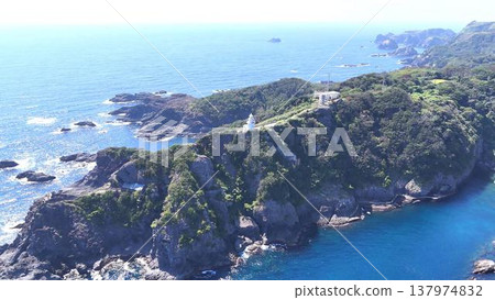 A breathtaking panoramic view of the dynamic Irozaki Cape jutting out into the Pacific Ocean (aerial view) A breathtaking panoramic view of the dynamic Irozaki Cape jutting out into the Pacific Ocean (aerial view) 137974832