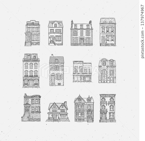 Houses in vintage style collection black 137974967