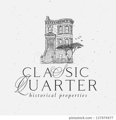 Victorian house label with text classic quarter historical properties black Victorian house label with text classic quarter historical properties black 137974977