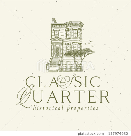 Victorian house label with text classic quarter historical properties green Victorian house label with text classic quarter historical properties green 137974980